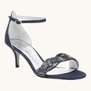 New! Adrianna Papell Aerin Navy Kitten Heel Open Toe Beaded Dress Shoe 7.5